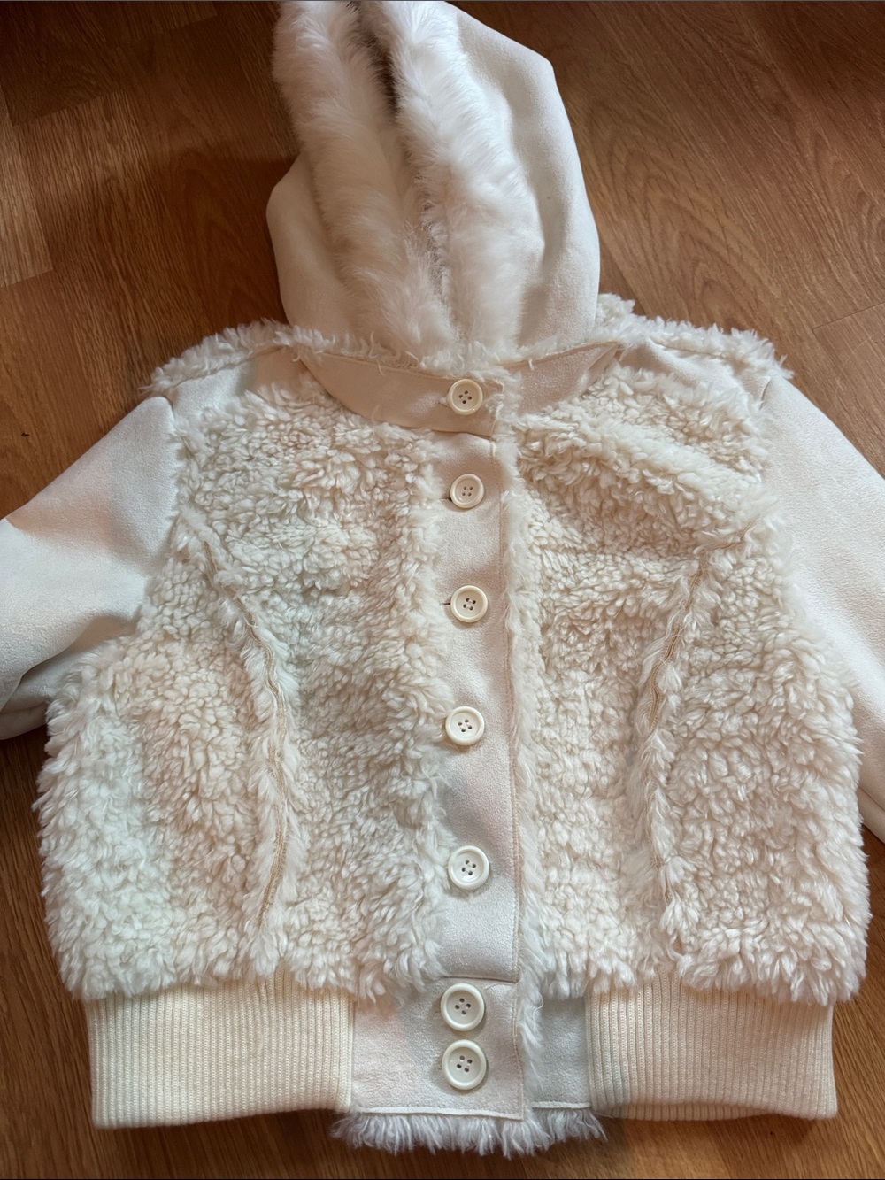 NWT bebe Spillout Sherpa Crop Jacket White Large Genuine Rabbit Fur Trim Hooded - Picture 7 of 12
